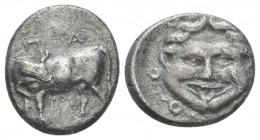 Mysia, Parion Hemidrachm IV century, AR 13.20 mm., 2.24 g.
Gorgoneion. Rev: ΠΑ / ΡΙ. Cow standing l, head reverted. SNG von Aulock 1319.

Struck fr...