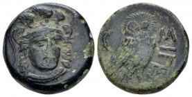 Troas, Sigeium Bronze IV century BC, Æ 18.00 mm., 5.95 g.
Head of Athena, facing three-quarters r., wearing triple crested Attic helmet. Rev. Owl sta...