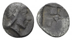 Ionia, Colophon Hemiobol circa 450-410, AR 6.00 mm., 0.26 g.
Laureate head of Artemis r. Rev. Quadripartite incuse square, in centre, pellet. Milne, ...
