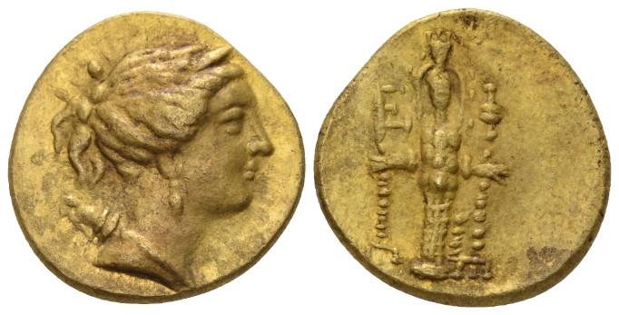 Ionia, Ephesus Stater circa 155-140, AV 18.90 mm., 8.36 g.
Draped bust of Artem...