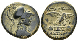 Phrygia, Apameia Bronze circa 133-48, Æ 22.00 mm., 7.89 g.
Helmeted head of Athena r. Rev. Eagle flying r. over Maeander symbol between two pileii. S...