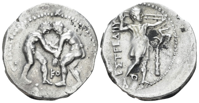 Pamphilia, Aspendus Stater circa 380-325, AR 23.00 mm., 9.97 g.
Two wrestlers g...