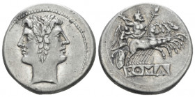 Quadrigatus circa 225-214, AR 23.00 mm., 6.68 g.
Laureate Janiform head of Dioscuri. Rev. Jupiter, holding sceptre and hurling thunderbolt, in fast q...