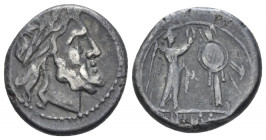 Victoriatus after 218, AR 17.00 mm., 3.15 g.
Laureate head of Jupiter r. Rev. Victory r., crowning trophy; in exergue, ROMA. Sydenham 83. RBW –. Craw...