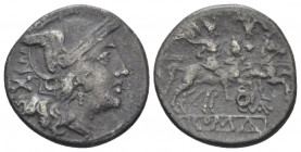 C. Varus. Denarius Sicily circa 209-208, AR 18.50 mm., 3.86 g.
Helmeted head of Roma r.; behind, X. Rev. The Dioscuri galloping r.; below, C·VAR liga...