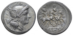 Q Series. Quinarius South East Italy circa 211-210, AR 16.50 mm., 2.02 g.
Helmeted head of Roma r.; behind, V. Rev. The Dioscuri galloping r.; below,...