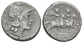 Anonymous issue. Denarius circa 157-156, AR 17.50 mm., 3.22 g.
Helmeted head of Roma r.; behind X. Rev. The Dioscuri galloping r.; below, ROMA in par...