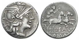 L. Saufeius. Denarius circa 152, AR 17.00 mm., 3.46 g.
Helmeted head of Roma r.; behind, X. Rev. Victory in prancing biga r.; below, L·SAVF and in ex...