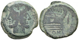 As circa 149, Æ 30.00 mm., 20.58 g.
Laureate head of bearded Janus. Rev. Prow of galley r.; above C. IVNI; below, ROMA and in front, I . Crawford 210...