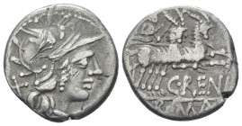 C. Renius. Denarius circa 138, AR 17.00 mm., 3.73 g.
Helmeted head of Roma r.; behind, X. Rev. Juno in biga of goats r., holding sceptre and reins in...