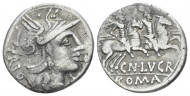 Cn. Lucretius Trio. Denarius circa 136, AR 18.00 mm., 3.73 g.
Helmeted head of Roma r.; below chin, X and behind, TRIO. Rev. The Dioscuri galloping r...