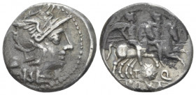 Anonymous series with elephant's head. Denarius circa 128, AR 18.00 mm., 3.84 g.
Helmeted head of Roma r.; behind, *. Rev. Goddess in biga r., holdin...