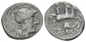 Anonymous series with elephant's head. Denarius circa 128, AR 18.00 mm., 3.75 g.
Helmeted head of Roma r.; behind, *. Rev. Goddess in biga r., holdin...