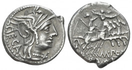 M. Porcius Laeca Denarius circa 125, AR 18.00 mm., 3.82 g.
Helmeted head of Roma r.; behind, LAECA and before, *. Rev. Libertas, crowned by Victory, ...
