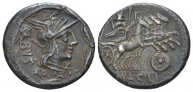 Mn. Acilius Balbus. Denarius circa 125, AR 19.00 mm., 3.80 g.
Helmeted head of Roma r.; behind, BALBVS, below, ROMA and before, *. All within laurel ...