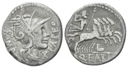 Q. Fabius Labeo. Denarius circa 124, AR 18.00 mm., 3.77 g.
Helmeted head of Roma r.; behind, ROMA and before, LABEO. Below chin, X. Rev. Jupiter in p...
