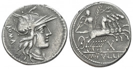 M. Tullius. Denarius circa 121, AR 21.00 mm., 3.84 g.
Helmeted head of Roma r.; behind, ROMA. Rev. Victory in prancing quadriga r., holding palm bran...