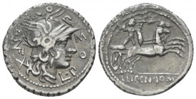 L. Pomponius Cn. f. Molo, Licinius Crassus and Cn. Domitius Ahenobarbus Denarius serratus circa 118, AR 20.00 mm., 3.76 g.
L·POM – P – ONI – C NF Hel...