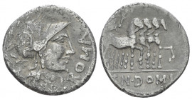 Cn Domitius Ahenobarbus. Denarius circa 116 or 115, AR 20.00 mm., 3.81 g.
Helmeted head of Roma r.; behind, X and before, ROMA. Rev. Jupiter in pranc...