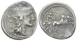 C. Claudius Pulcher. Denarius 110 or 1009, AR 18.50 mm., 3.75 g.
Helmeted head of Roma r., bowl decorated with annulet. Rev. Victory in biga r.; in e...