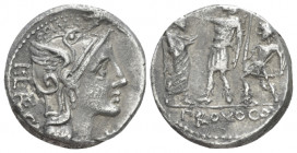 P. Laeca. Denarius 110 or 1009, AR 18.00 mm., 3.90 g.
Helmeted head of Roma r.; below chin, mark of value *. Behind, P – LAECA and above helmet, ROMA...