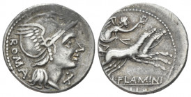 L. Flaminius Chilo. Denarius 109 or 108, AR 20.00 mm., 3.88 g.
Helmeted head of Roma r.; behind, ROMA and below chin, X. Rev. Victory in prancing big...