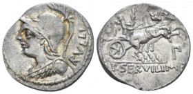P. Servilius M.f. Rullus. Denarius circa 100, AR 20.00 mm., 3.82 g.
Helmeted bust of Minerva l.; behind, RVLLI. Rev. Victory, holding palm branch, in...