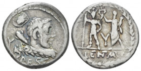 P. Cornelius Lentulus Marcellinus. Denarius circa 100, AR 18.50 mm., 3.84 g.
Bare-headed bust of young Hercules r., seen from behind, wearing lion sk...