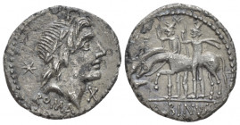C. Publicius Malleolus, A. Postumius Sp. f. Albinus and L. Metellus. Denarius circa 96, AR 20.00 mm., 3.66 g.
Laureate head of Apollo; behind, eight-...