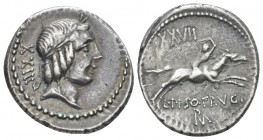 L. Piso Frugi. Denarius circa 90, AR 19.00 mm., 3.90 g.
Laureate head of Apollo r.; behind, numeral. Rev. Horseman galloping r., holding torch in upr...