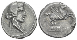 Q. Titius. Denarius circa 90, AR 17.00 mm., 3.52 g.
Head of Liber r., wearing ivy wreath. Rev. Pegasus r.; below, Q TITI in linear frame. Babelon Tit...