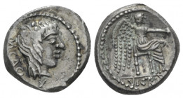Quinarius circa 89, AR 14.00 mm., 1.89 g.
M·CATO Ivy-wreathed head of Liber r. Rev. Victory seated r., holding patera in r. hand and palm-branch in l...