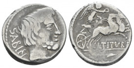 L. Tituri L.f. Sabinus. Denarius circa 89, AR 18.50 mm., 3.97 g.
SABIN Head of King Tatius r. Rev. Victory in biga r., holding wreath; below, L·TITVR...