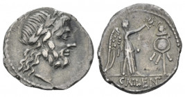 Cn. Cornelius Lentulus Clodianus Quinarius circa 88, AR 16.00 mm., 1.62 g.
Laureate head of Jupiter r. Rev. Victory r. crowning trophy; in exergue, C...