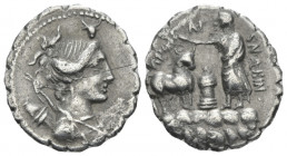 A. Postumius Albinus. Denarius serratus circa 81, AR 18.50 mm., 3.46 g.
Draped bust of Diana r., with bow and quiver over shoulder; above head, bucra...