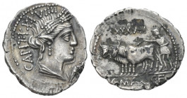 C. Marius C.f. Capito Denarius serratus fourre circa, AR 19.00 mm., 3.14 g.
Draped bust of Ceres r.; around, CAPIT – XII; in r. field, dagger. Rev. P...
