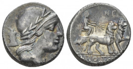 M. Volteius M.f. Denarius circa 78, AR 15.50 mm., 4.03 g.
Draped male bust r., wearing laureate helmet; behind, butterfly. Rev. Cybele in biga of lio...