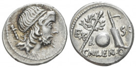 Cn. Cornelius Lentulus. Denarius Denarius Spain (?) 76-75, AR 18.50 mm., 4.00 g.
Draped bust of the Genius Populi Romani r., hair tied with band and ...