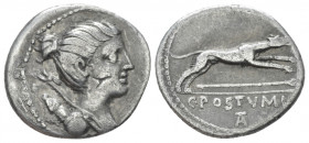 C. Postumius. Denarius circa 74, AR 18.00 mm., 3.42 g.
Draped bust of Diana r., with bow and quiver over shoulder. Rev. Hound running r.; below, spea...