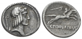C. Piso L.f. Frugi. Denarius circa 67, AR 18.00 mm., 3.86 g.
Laureate head of Apollo r.; behind, voting tablets. Rev. Winged horseman galloping r., a...