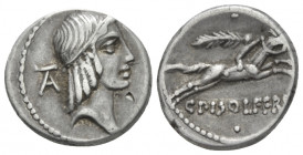 C. Piso L.f. Frugi. Denarius circa 61, AR 16.50 mm., 3.94 g.
Head of Apollo r., wearing taenia; behind, AT in monogram. Rev. Horseman galloping r., w...