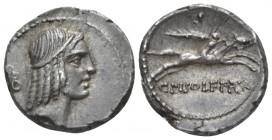 C. Piso L.f. Frugi. Denarius circa, AR 17.50 mm., 4.09 g.
Laureate head of Apollo r.; behind, monogram. Rev. Horseman galloping r., holding palm fron...