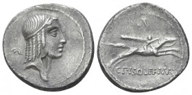 C. Calpurnius L. f. Frugi. Denarius circa 61, AR 18.00 mm., 3.76 g.
Head of Apollo r., hair bound with fillet; behind, fractional sign. Rev. Horseman...