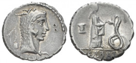 L. Roscius Fabatus Denarius serratus circa 64, AR 18.50 mm., 3.94 g.
Head of Juno Sospita r.; behind, shadoof and below neck truncation, L ROSCI. Rev...
