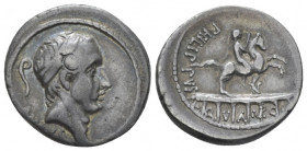L. Marcius Philippus. Denarius circa 56, AR 18.00 mm., 3.59 g.
Diademed head of Ancus Marcius r.; behind, lituus and below, ANCVS. Rev. PHILIPPVS Equ...