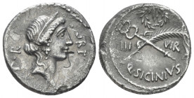 Q. Sicinius. Denarius circa 49, AR 18.00 mm., 3.38 g.
FORT – P·R Diademed head of Fortuna Populi Romani r. Rev. Palm branch tied with fillet and wing...