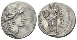 Mn. Acilius Glabrio. Denarius circa 49, AR 17.50 mm., 3.97 g.
SALVTIS Laureate head of Salus r. Rev. MN·ACILIVS – III·VIR·VALETV Valetudo standing l....
