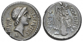 Q. Sicinius and C. Coponius. Denarius mint moving with Pompeius 49, AR 17.50 mm., 3.85 g.
Q·SICINIVS – III·VIR Head of Apollo r., hair tied with band...