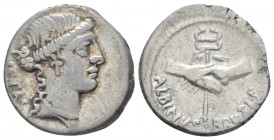 D. Iunius Brutus Albinu Denarius circa 48, AR 18.50 mm., 3.73 g.
PIETAS Head of Pietas r. Rev. Two hands clasped around winged caduceus; below, ALBIN...