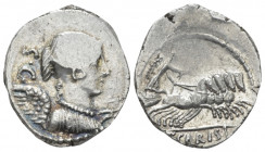 T. Carisius. Denarius circa 46, AR 18.50 mm., 3.84 g.
Bust of Victory r. Rev. Victory in prancing biga r., holding reins and wreath; in exergue, T·CA...